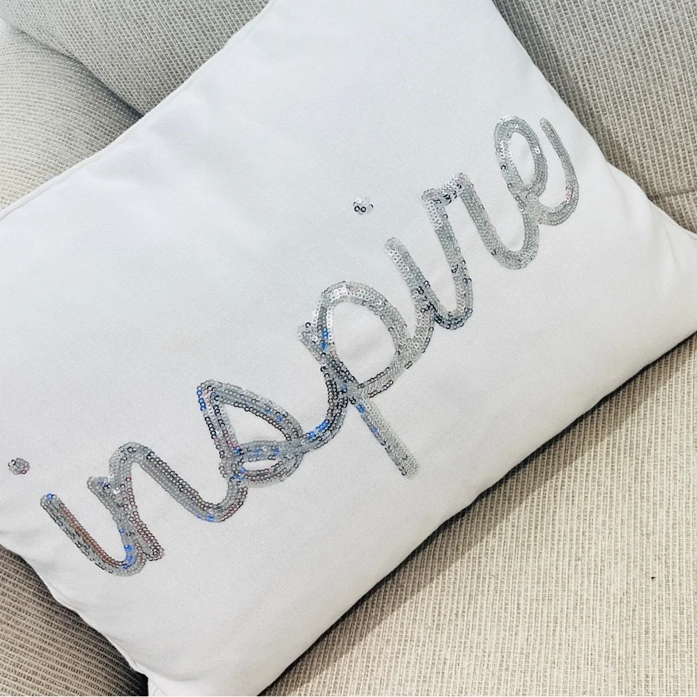 Home Accent Pillow White Silver Beaded “Inspire” with Pillow Insert